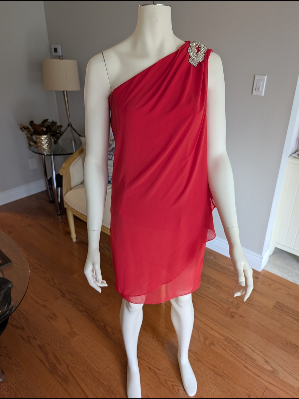 One-Shoulder Red Cocktail Dress with Embellished Shoulder